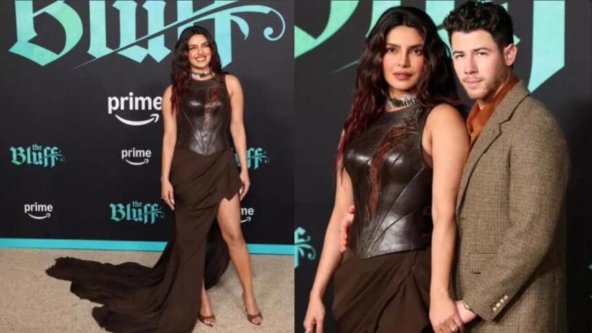 Hunterfly 2026 02 18 200935 Priyanka Chopra wearing armour-inspired brown gown at The Bluff premiere with Nick Jonas