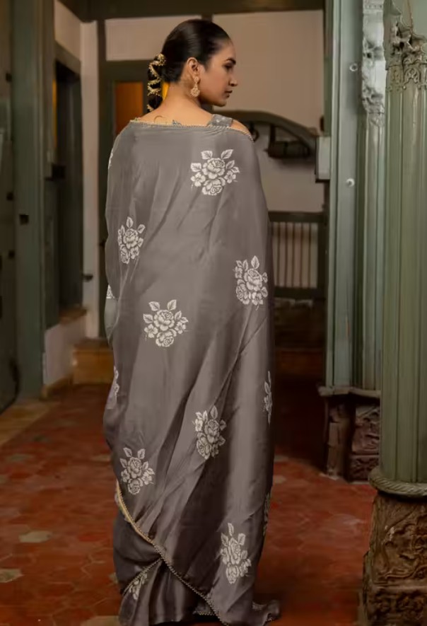 MIRCHI FASHION Chiffon Georgette Floral Block Printed Saree for Women (Dusty Grey)
