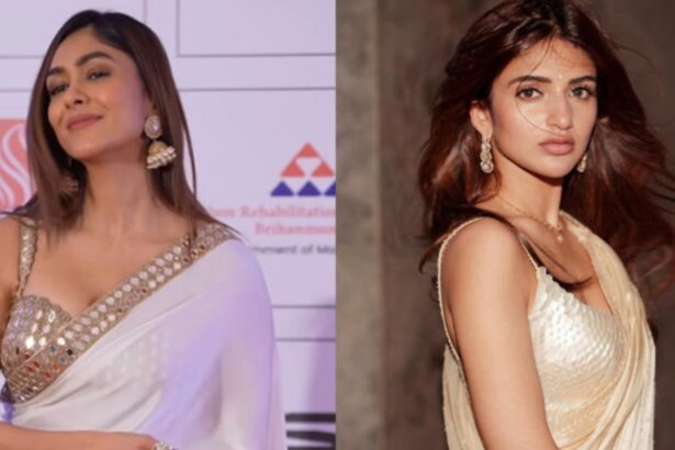 Hunterfly 2026 02 25 195847 Sreeleela wearing ivory georgette saree with shell embroidered blouse