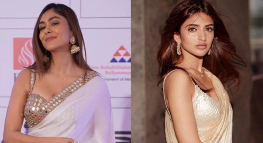 Sreeleela wearing ivory georgette saree with shell embroidered blouse
