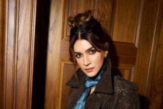 Kriti Sanon wearing brown outfit with blue tie Instagram photos