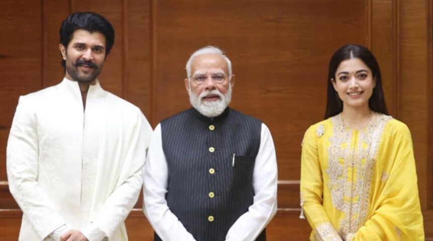 Hunterfly 2026 02 27 131503 Vijay Deverakonda and Rashmika Mandanna meeting PM Narendra Modi to invite him to Hyderabad reception in 2026