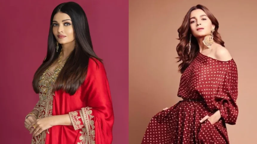 Hunterfly Red Outfit Inspiration for Karva Chauth 2025 From Alia Bhatt to Aishwarya Rai Bachchan 1 Alia Bhatt and Aishwarya Rai Bachchan red outfit inspiration for Karva Chauth 2025