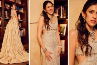 Shloka Mehta Ambani wearing Prada gown with Swadesh handcrafted skirt