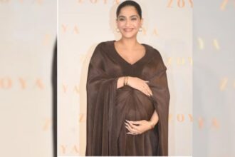 Sonam Kapoor wearing chocolate brown Amit Aggarwal maternity gown