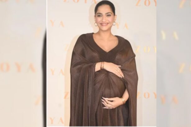 Sonam Kapoor wearing chocolate brown Amit Aggarwal maternity gown
