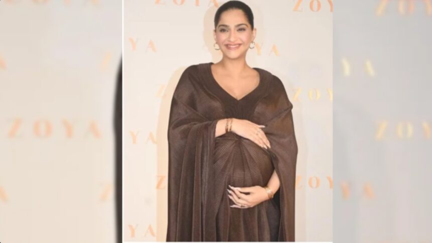Sonam Kapoor wearing chocolate brown Amit Aggarwal maternity gown