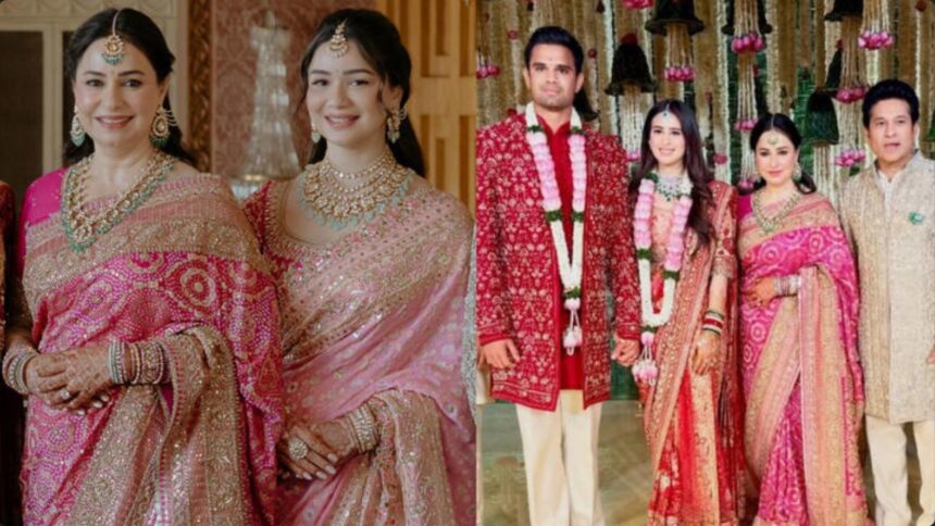 Hunterfly 026 03 05 182929 Sara Tendulkar and Anjali Tendulkar drew attention at Arjun Tendulkar’s wedding ceremony in Mumbai by wearing coordinated pink sarees that reflected classic Indian wedding fashion.