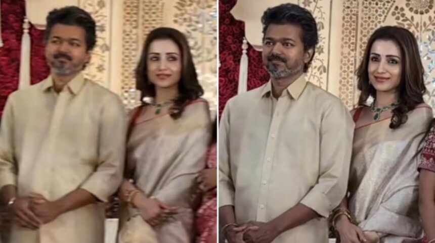 Vijay and Trisha attending a wedding reception in Chennai