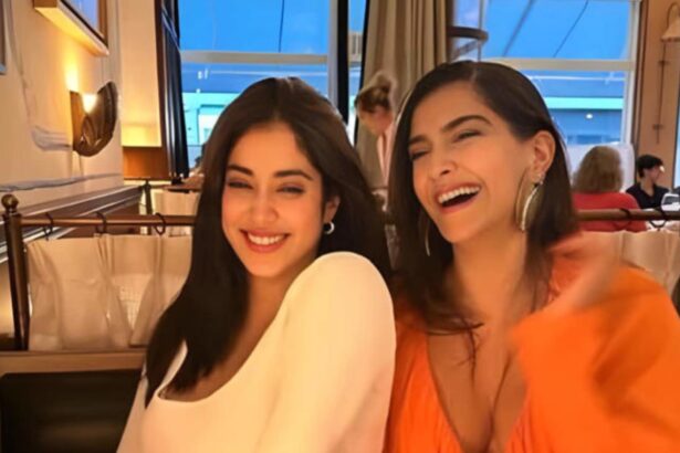 Sonam Kapoor and Janhvi Kapoor smiling together during a dinner outing