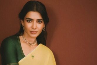 Hunterfly 026 03 22 170443 Samantha Ruth Prabhu wearing yellow kasavu saree with minimal makeup and traditional jewellery