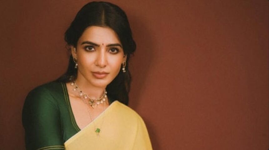 Samantha Ruth Prabhu wearing yellow kasavu saree with minimal makeup and traditional jewellery