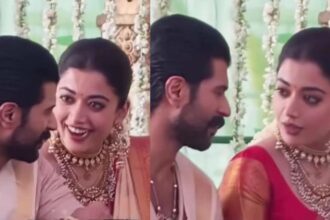 Hunterfly 2026 03 03 102447 Rashmika Mandanna in ivory saree and Vijay Deverakonda in pastel kurta at Sathyanarayan puja