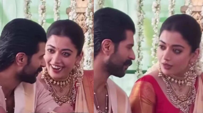 Hunterfly 2026 03 03 102447 Rashmika Mandanna in ivory saree and Vijay Deverakonda in pastel kurta at Sathyanarayan puja