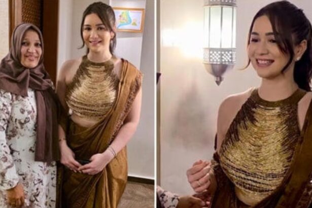 Sara Tendulkar wearing metallic olive-bronze saree with halter-neck statement blouse