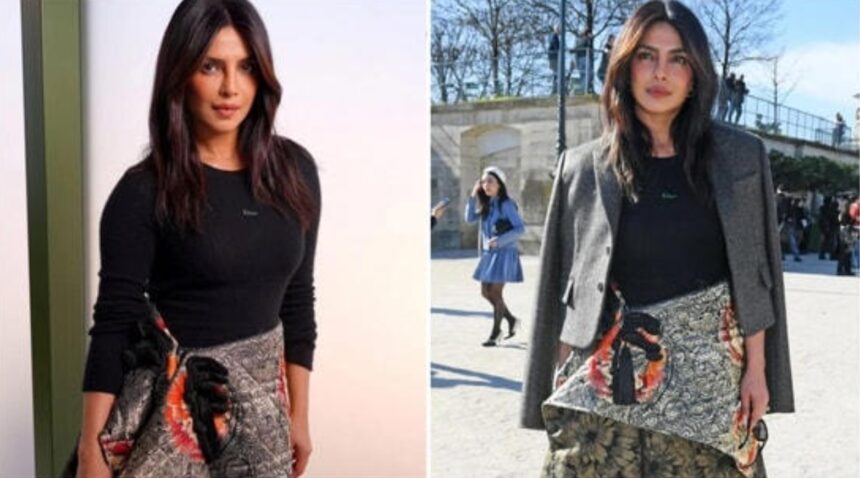 Priyanka Chopra wearing floral Dior skirt at Paris Fashion Week 2026