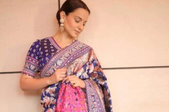 Kangana Ranaut royal blue saree look