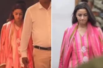Alia Bhatt pink kurta set Mumbai airport look