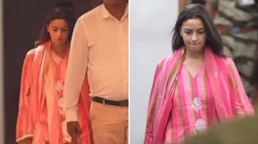 Hunterfly 6 03 28 212909 Alia Bhatt pink kurta set Mumbai airport look
