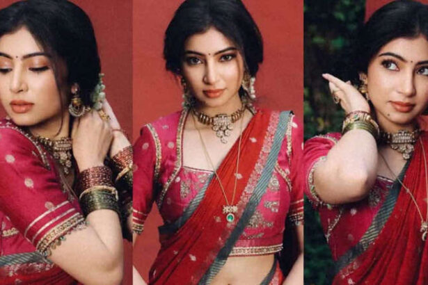 Sara Arjun red saree traditional look bun bindi