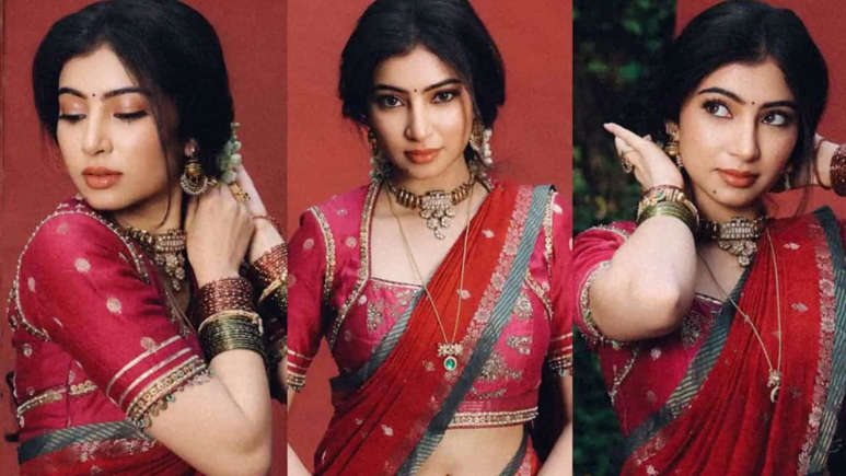 Hunterfly Ffsdf Sara Arjun red saree traditional look bun bindi