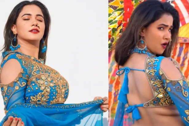 Trisha Kar Madhu performing in blue and golden lehenga during a Bhojpuri dance performance