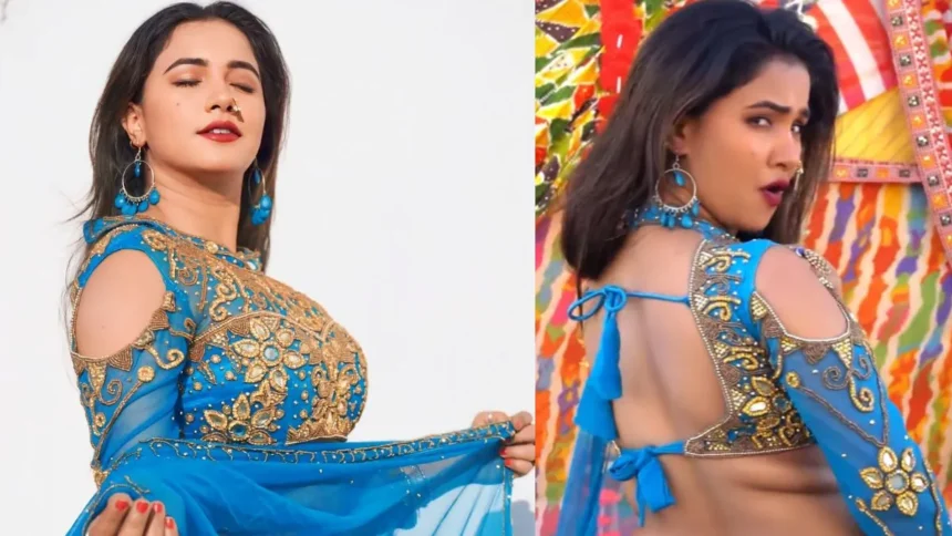 Hunterfly trisshh f Trisha Kar Madhu performing in blue and golden lehenga during a Bhojpuri dance performance