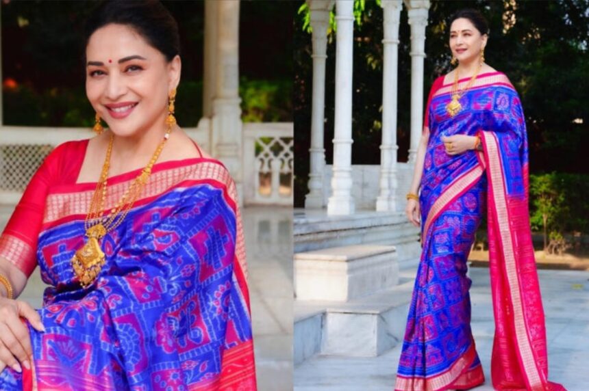 Hunterfly 026 04 04 182620 Madhuri Dixit Odisha silk saree blue pink Boyanika handloom look