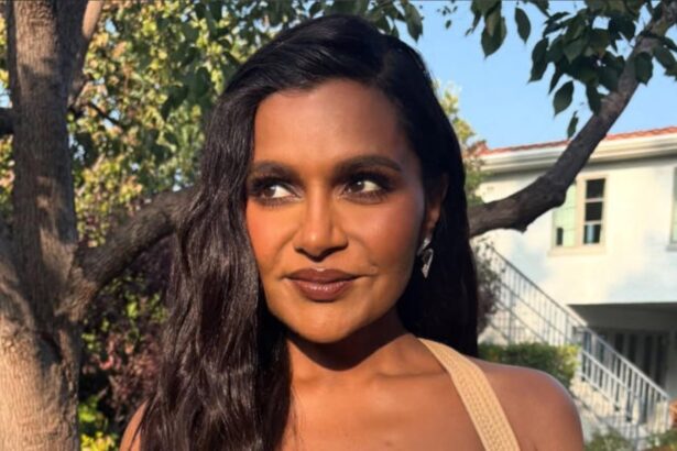 Mindy Kaling blue shimmering dress Fashion Trust US Awards