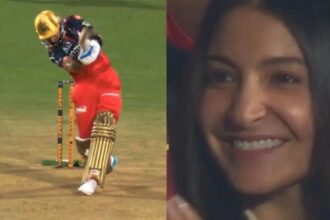 Hunterfly 26 04 06 124859 Virat Kohli hitting no-look six while Anushka Sharma reacts