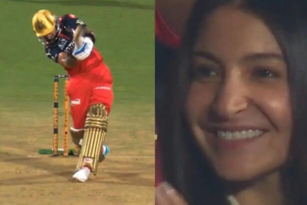 Virat Kohli hitting no-look six while Anushka Sharma reacts
