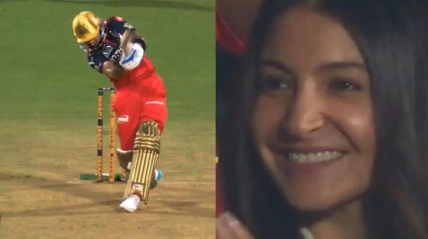 Hunterfly 26 04 06 124859 Virat Kohli hitting no-look six while Anushka Sharma reacts
