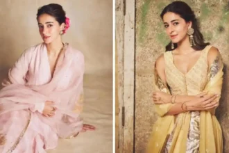 Ananya Panday wearing pastel Chanderi ethnic outfit with flowers in hair