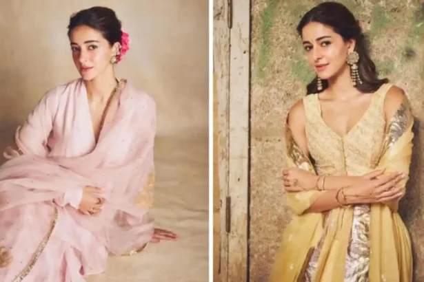 Hunterfly 026 05 08 232357 11zon Ananya Panday wearing pastel Chanderi ethnic outfit with flowers in hair