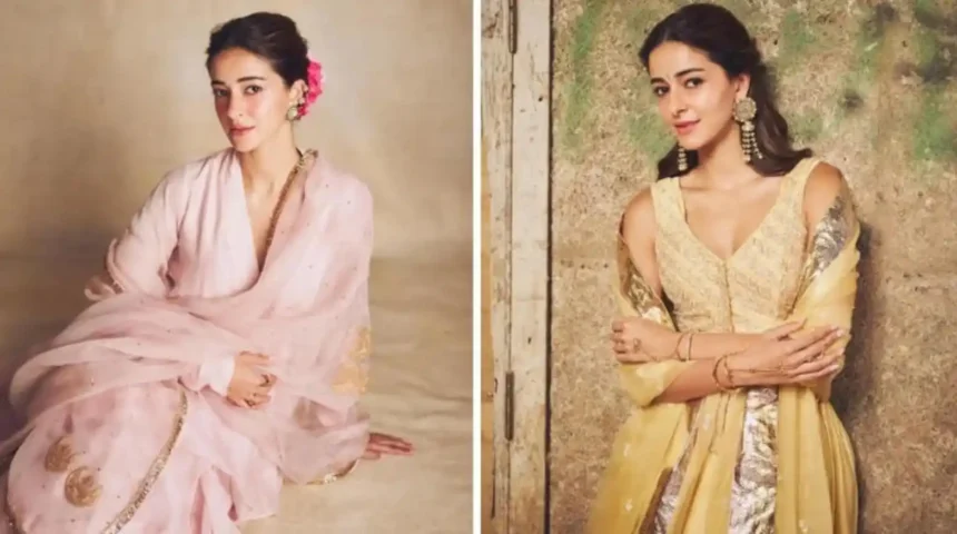 Ananya Panday wearing pastel Chanderi ethnic outfit with flowers in hair