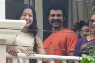 Vijay Deverakonda and Rashmika Mandanna greeting fans during birthday celebration