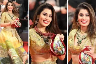 Aarti Khetarpal wearing a Vrindavan-inspired lehenga with Krishna-themed accessories at Cannes 2026.
