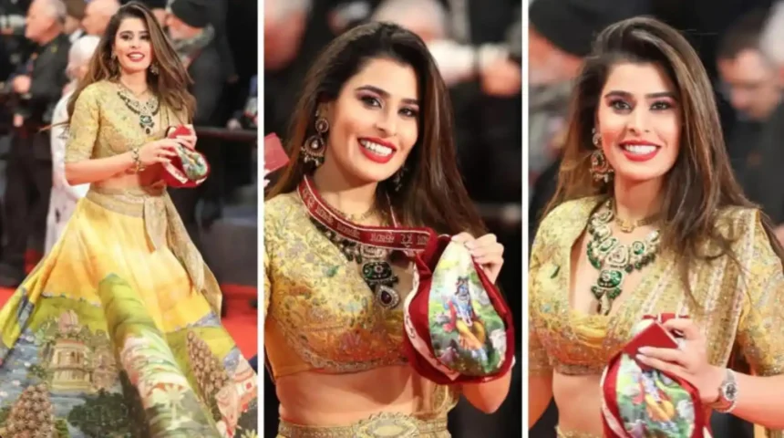 Aarti Khetarpal wearing a Vrindavan-inspired lehenga with Krishna-themed accessories at Cannes 2026.
