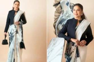 Madhuri Dixit in white saree with black jacket
