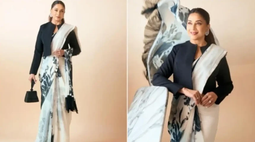 Madhuri Dixit in white saree with black jacket