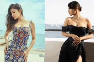 Mouni Roy at Cannes 2026 wearing Patola-inspired gown and midnight blue dress