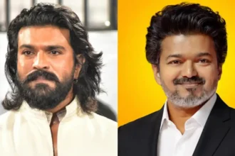 Ram Charan speaking at a promotional event while praising Tamil Nadu Chief Minister Vijay for choosing public service