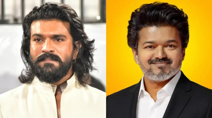 Ram Charan speaking at a promotional event while praising Tamil Nadu Chief Minister Vijay for choosing public service