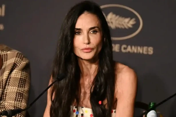 Demi Moore speaking at Cannes Film Festival jury press conference discussing AI in Hollywood