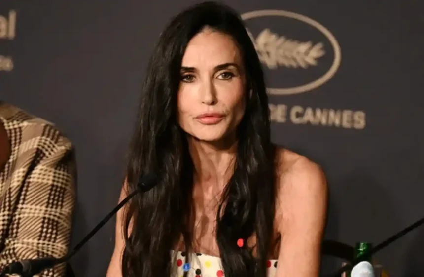 Demi Moore speaking at Cannes Film Festival jury press conference discussing AI in Hollywood