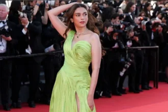 Aditi Rao Hydari wearing lime green Tony Ward Couture gown at Cannes 2026 red carpet