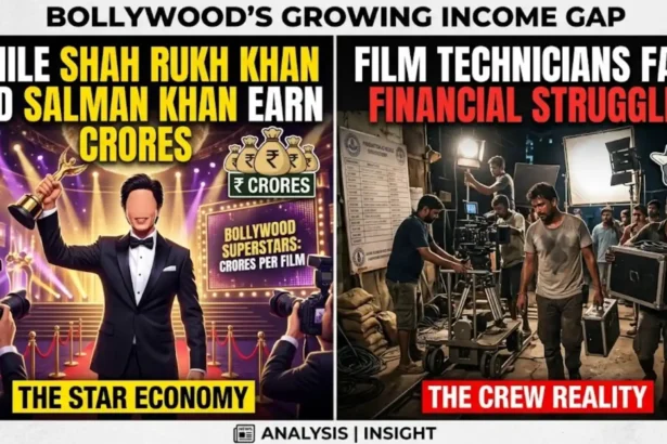 Bollywood film technicians working on a movie set alongside major Bollywood stars