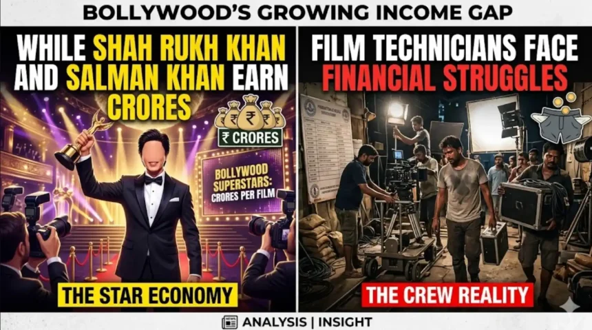 Bollywood film technicians working on a movie set alongside major Bollywood stars