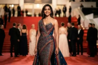 Hunterfly 2026 05 26 210736 11zon Anupria Goenka wearing Sejal Kamdar’s Ajrakh-inspired outfit at Cannes 2026