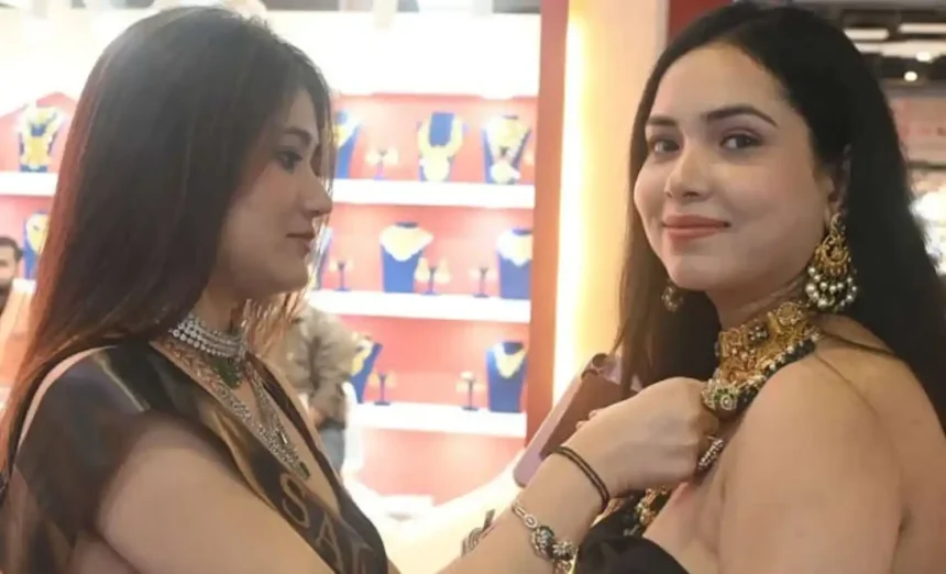 Close-up of spiritual jewellery including rudraksha beads, tulsi mala and crystal bracelets styled as fashion accessories